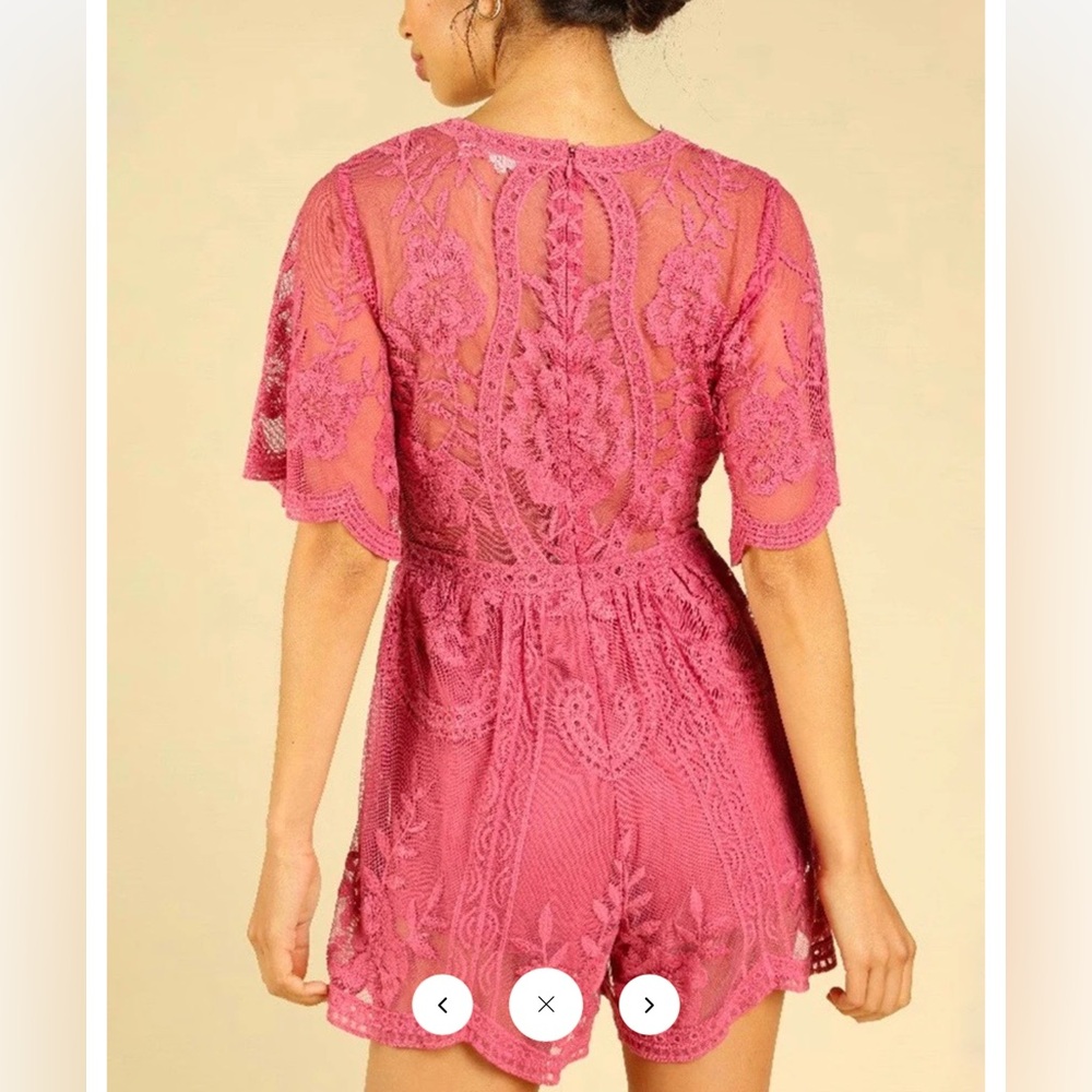 Honey Punch Pink Lace Plunge V-Neck Romper - Picture 2 of 7